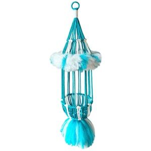 Vintage MCM Boho Macrame Woven Wool Blue White Hanging Plant Holder 32” VTG